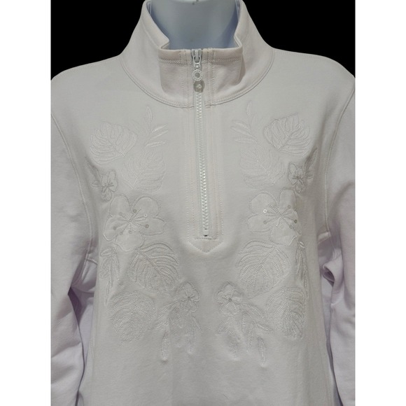 Tommy Bahama Women Pullover XL White 1/2 Zip Embroidered Floral Sequins Cotton - Picture 2 of 11